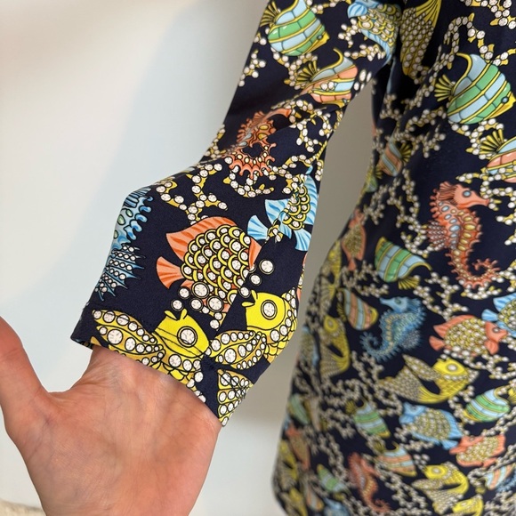 J. MCLAUGHLIN FISH NOVELTY PRINT CATALINA CLOTH DRESS BODYCON SZ XS 3/4 SLEEVE - Picture 8 of 9